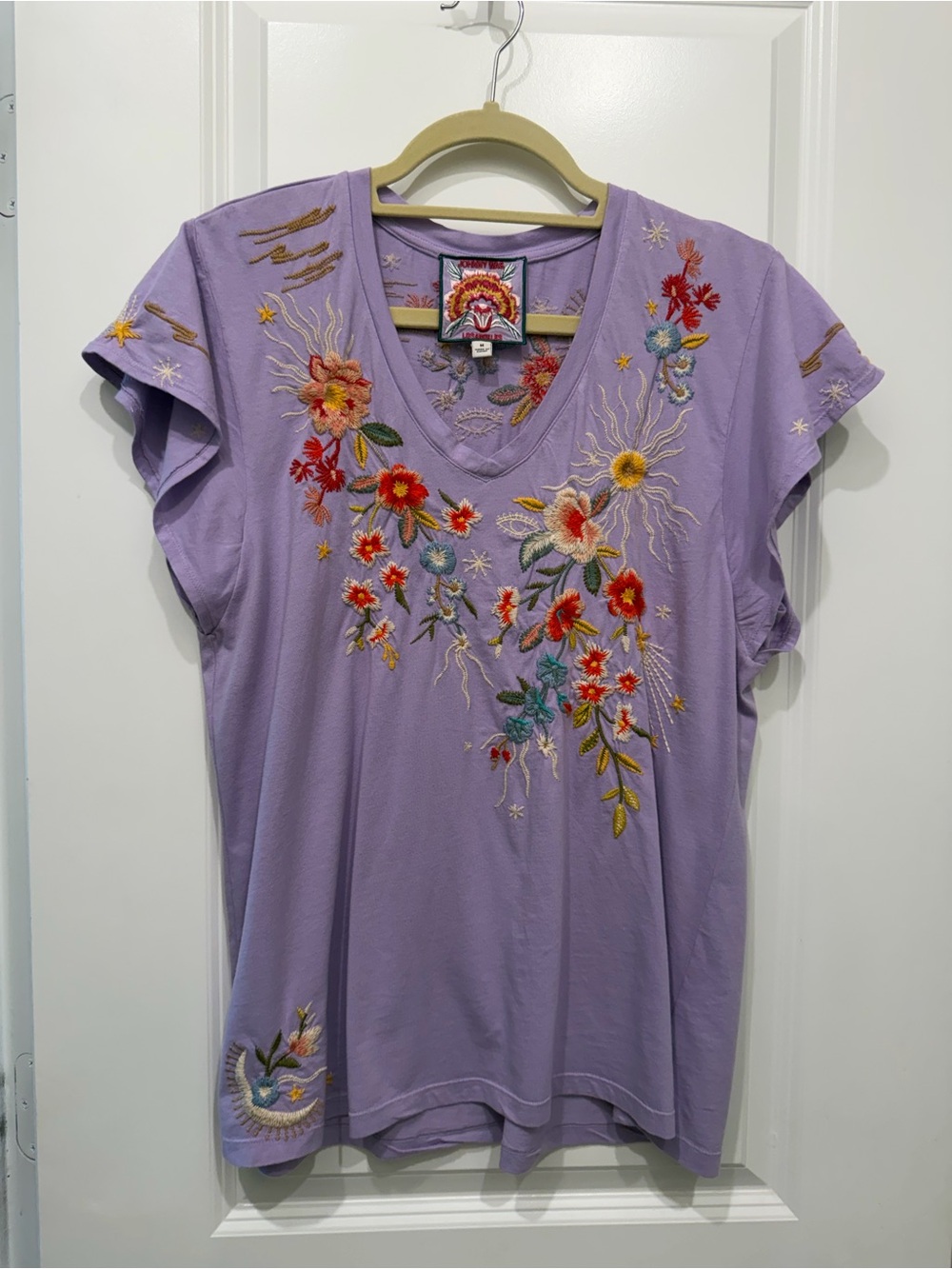 Johnny Was Lissa Flutter Sleeve Embroidered V-Neck Floral Tee